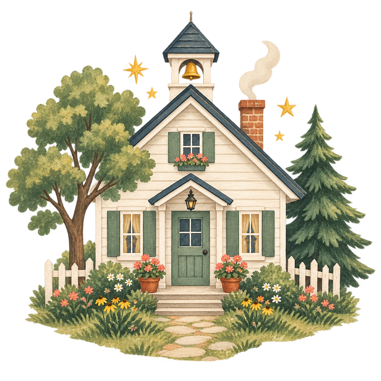 The Whimsy School House farmhouse with trees, flowers, and stars